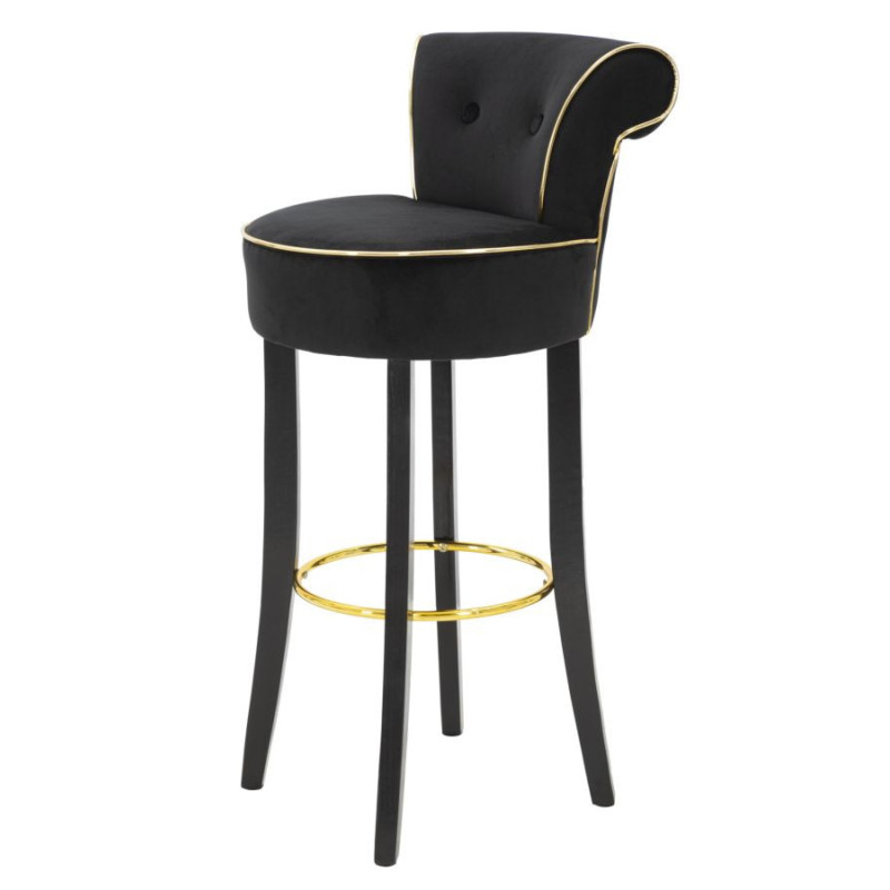 Tabouret de bar moderne avec dossier en Velours Noir Capitonné Simili Métal Doré Luxy 