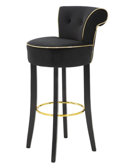 Tabouret de bar moderne avec dossier en Velours Noir Capitonné Simili Métal Doré Luxy 