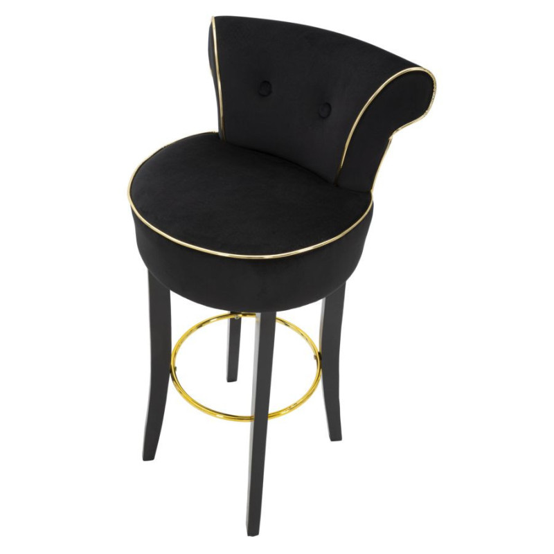 Tabouret de bar moderne avec dossier en Velours Noir Capitonné Simili Métal Doré Luxy 