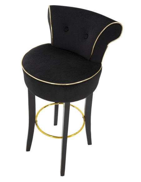 Tabouret de bar moderne avec dossier en Velours Noir Capitonné Simili Métal Doré Luxy 