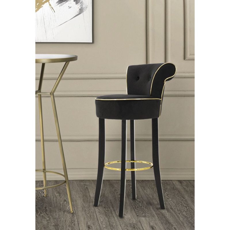 Tabouret de bar moderne avec dossier en Velours Noir Capitonné Simili Métal Doré Luxy 