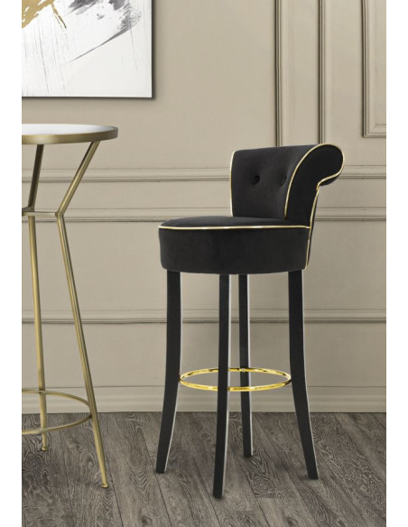 Tabouret de bar moderne avec dossier en Velours Noir Capitonné Simili Métal Doré Luxy 