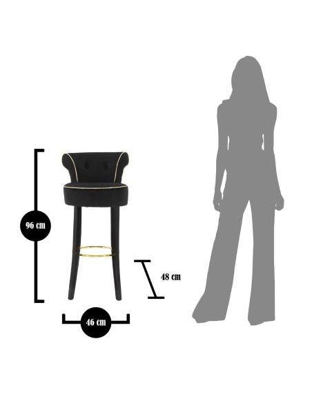 Tabouret de bar moderne avec dossier en Velours Noir Capitonné Simili Métal Doré Luxy 