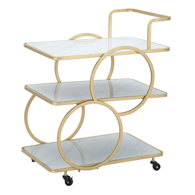 Desserte moderne sur roulettes Rectangulaire 3 niveaux en Métal Doré Verre Bois Effet marbre Lostus 