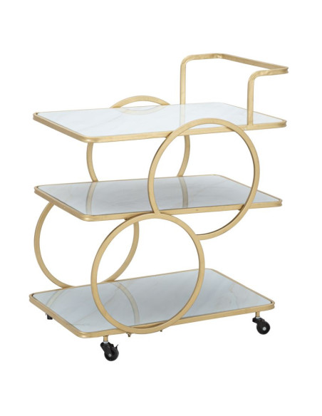 Desserte moderne sur roulettes Rectangulaire 3 niveaux en Métal Doré Verre Bois Effet marbre Lostus 