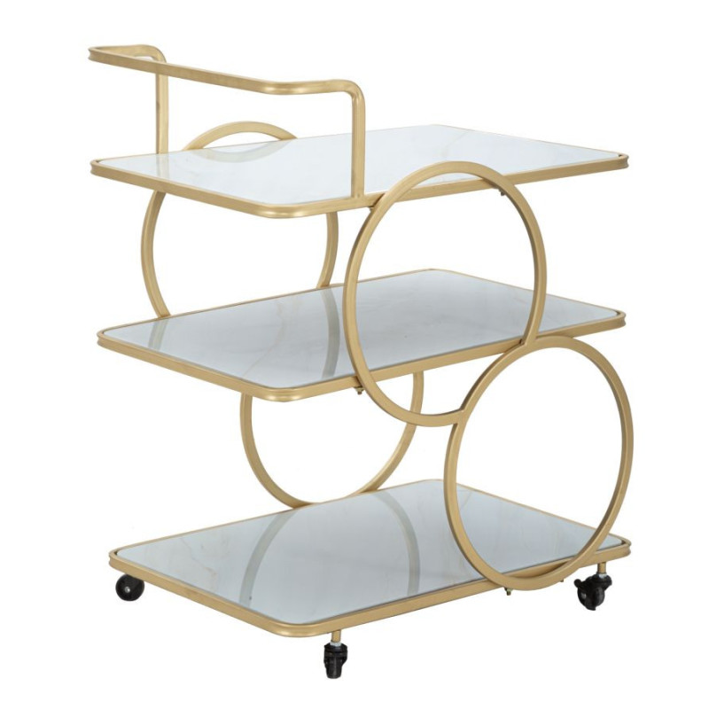 Desserte moderne sur roulettes Rectangulaire 3 niveaux en Métal Doré Verre Bois Effet marbre Lostus 