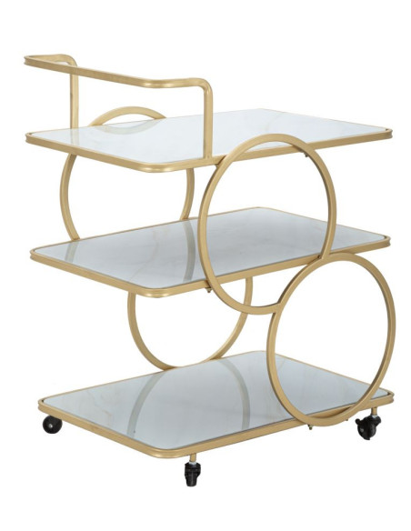 Desserte moderne sur roulettes Rectangulaire 3 niveaux en Métal Doré Verre Bois Effet marbre Lostus 