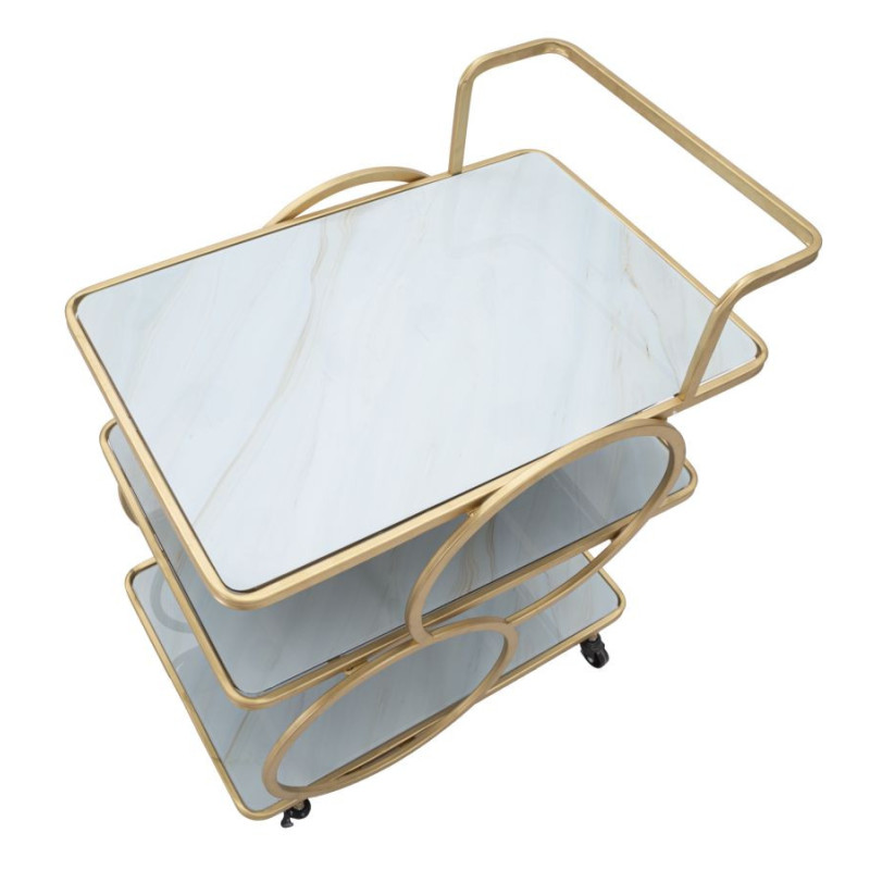 Desserte moderne sur roulettes Rectangulaire 3 niveaux en Métal Doré Verre Bois Effet marbre Lostus 