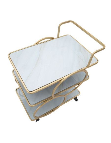 Desserte moderne sur roulettes Rectangulaire 3 niveaux en Métal Doré Verre Bois Effet marbre Lostus 