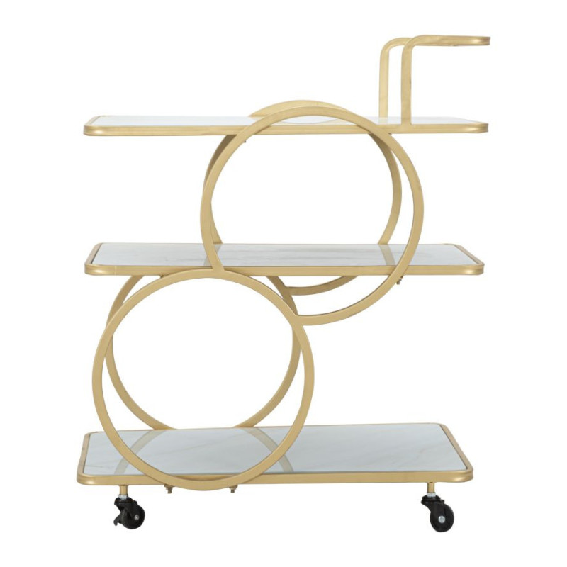 Desserte moderne sur roulettes Rectangulaire 3 niveaux en Métal Doré Verre Bois Effet marbre Lostus 