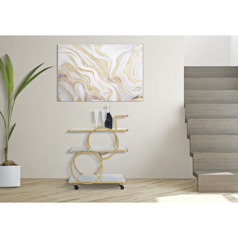 Desserte moderne sur roulettes Rectangulaire 3 niveaux en Métal Doré Verre Bois Effet marbre Lostus 