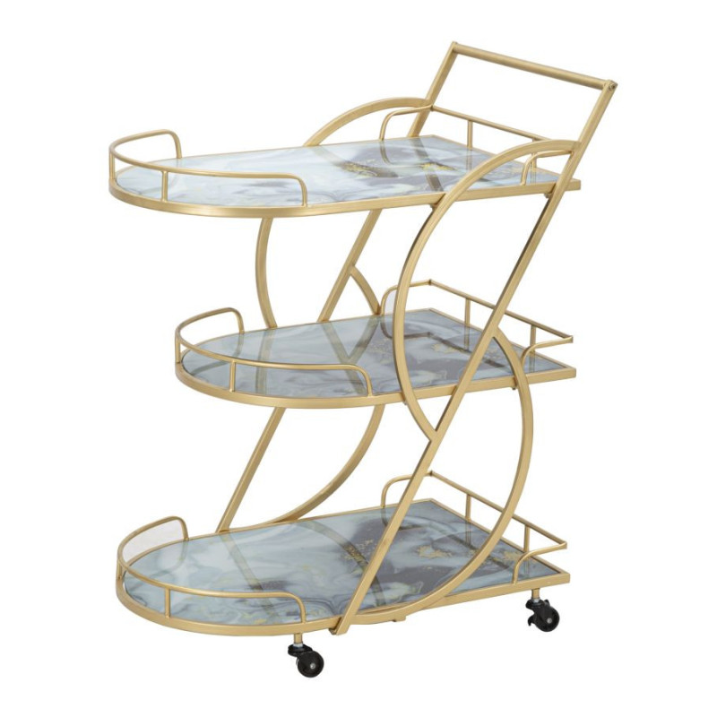 Desserte moderne sur roulettes Arrondie 3 niveaux en Métal Doré Verre Bois Effet marbre Mariucius 