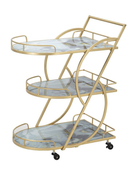 Desserte moderne sur roulettes Arrondie 3 niveaux en Métal Doré Verre Bois Effet marbre Mariucius 