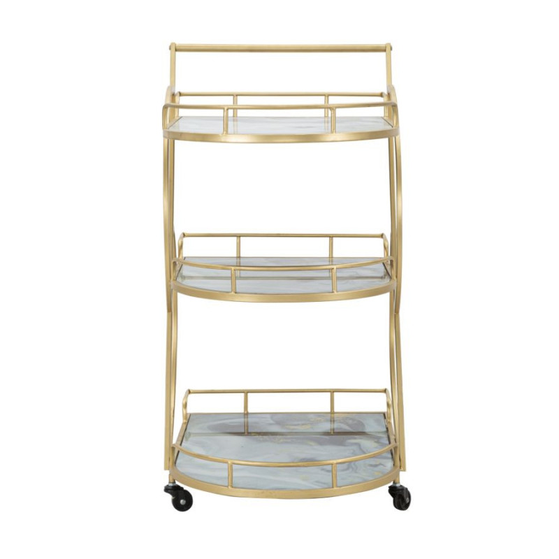 Desserte moderne sur roulettes Arrondie 3 niveaux en Métal Doré Verre Bois Effet marbre Mariucius 