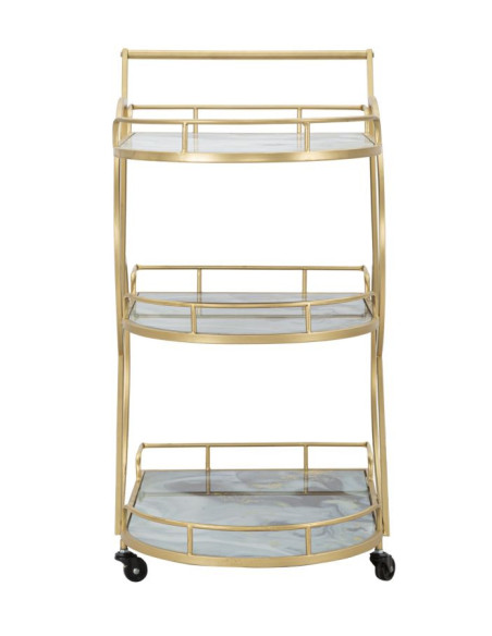Desserte moderne sur roulettes Arrondie 3 niveaux en Métal Doré Verre Bois Effet marbre Mariucius 