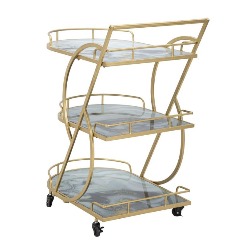 Desserte moderne sur roulettes Arrondie 3 niveaux en Métal Doré Verre Bois Effet marbre Mariucius 