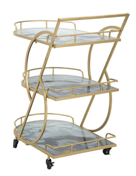 Desserte moderne sur roulettes Arrondie 3 niveaux en Métal Doré Verre Bois Effet marbre Mariucius 