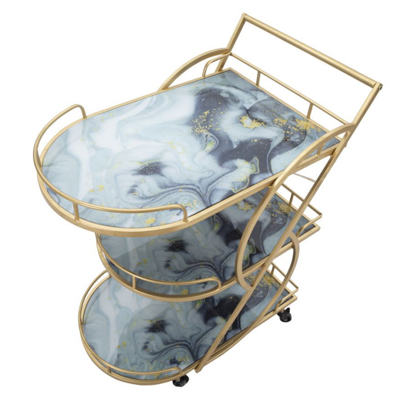 Desserte moderne sur roulettes Arrondie 3 niveaux en Métal Doré Verre Bois Effet marbre Mariucius 