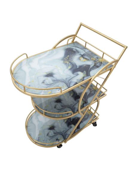 Desserte moderne sur roulettes Arrondie 3 niveaux en Métal Doré Verre Bois Effet marbre Mariucius 
