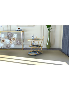 Desserte moderne sur roulettes Arrondie 3 niveaux en Métal Doré Verre Bois Effet marbre Mariucius 