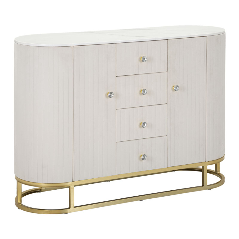Buffet moderne Bas 2 portes 4 tiroirs en Velours Blanc crème Métal Doré Bois de pin Blanc Effet marbre Montpellier 