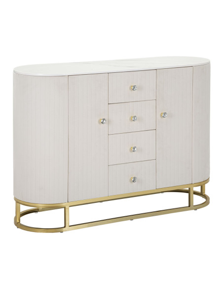 Buffet moderne Bas 2 portes 4 tiroirs en Velours Blanc crème Métal Doré Bois de pin Blanc Effet marbre Montpellier 