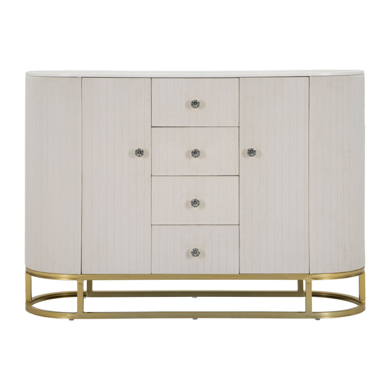 Buffet moderne Bas 2 portes 4 tiroirs en Velours Blanc crème Métal Doré Bois de pin Blanc Effet marbre Montpellier 