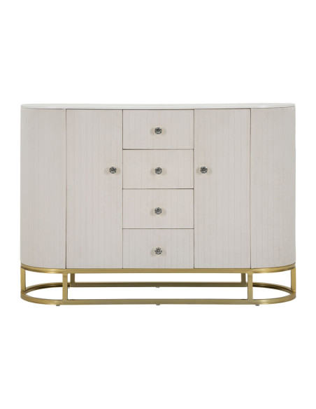 Buffet moderne Bas 2 portes 4 tiroirs en Velours Blanc crème Métal Doré Bois de pin Blanc Effet marbre Montpellier 