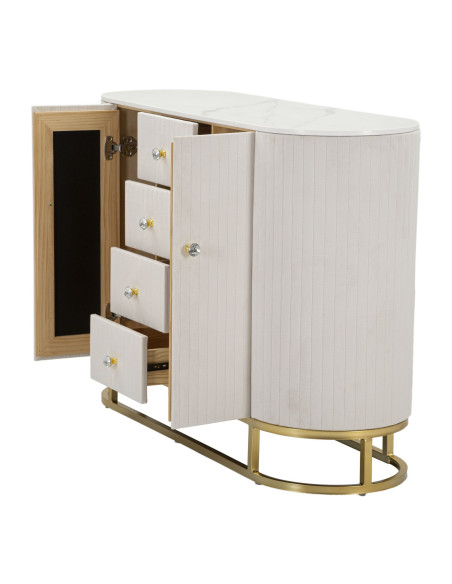 Buffet moderne Bas 2 portes 4 tiroirs en Velours Blanc crème Métal Doré Bois de pin Blanc Effet marbre Montpellier 