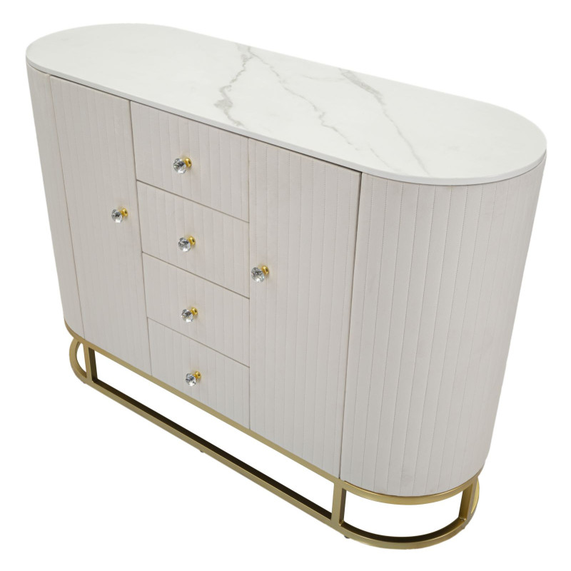 Buffet moderne Bas 2 portes 4 tiroirs en Velours Blanc crème Métal Doré Bois de pin Blanc Effet marbre Montpellier 