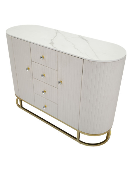 Buffet moderne Bas 2 portes 4 tiroirs en Velours Blanc crème Métal Doré Bois de pin Blanc Effet marbre Montpellier 