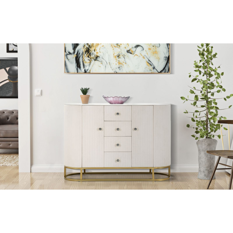 Buffet moderne Bas 2 portes 4 tiroirs en Velours Blanc crème Métal Doré Bois de pin Blanc Effet marbre Montpellier 