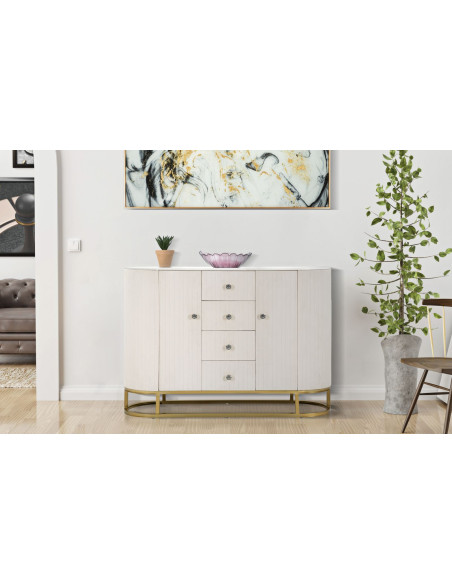 Buffet moderne Bas 2 portes 4 tiroirs en Velours Blanc crème Métal Doré Bois de pin Blanc Effet marbre Montpellier 