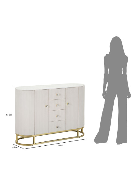 Buffet moderne Bas 2 portes 4 tiroirs en Velours Blanc crème Métal Doré Bois de pin Blanc Effet marbre Montpellier 