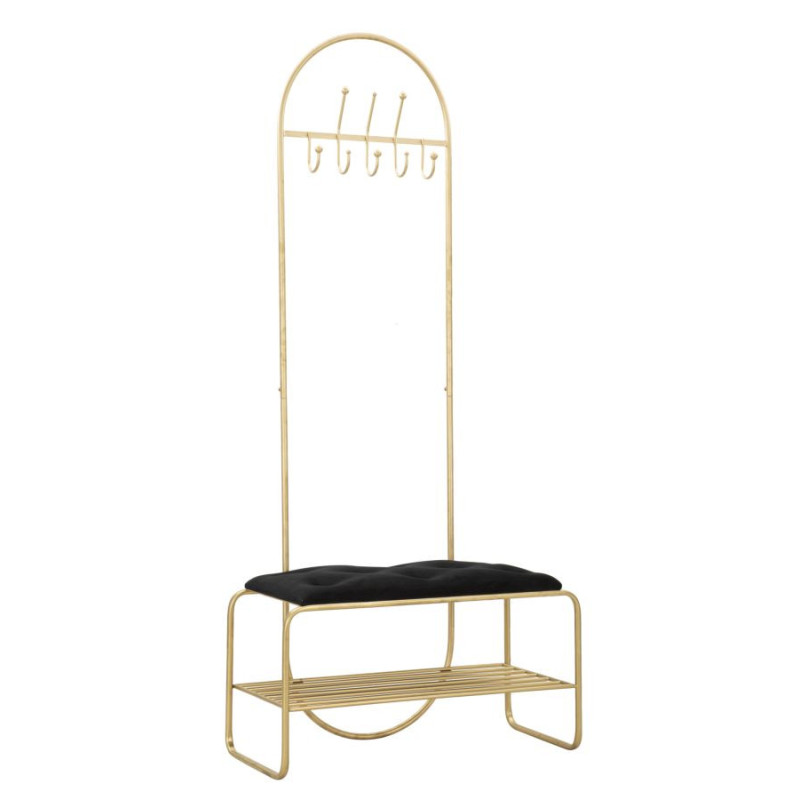 Banc d'entrée moderne porte manteaux 1 étagère 1 place en Velours Noir Capitonné Métal Doré Bartolo 
