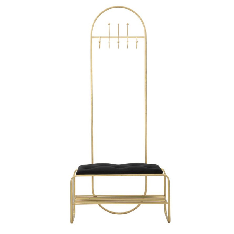 Banc d'entrée moderne porte manteaux 1 étagère 1 place en Velours Noir Capitonné Métal Doré Bartolo 
