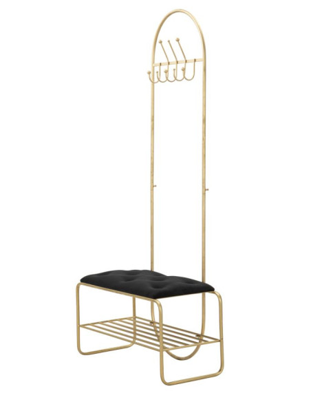 Banc d'entrée moderne porte manteaux 1 étagère 1 place en Velours Noir Capitonné Métal Doré Bartolo 