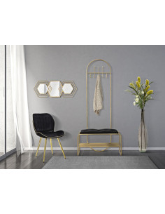 Banc d'entrée moderne porte manteaux 1 étagère 1 place en Velours Noir Capitonné Métal Doré Bartolo 