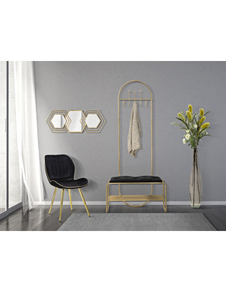 Banc d'entrée moderne porte manteaux 1 étagère 1 place en Velours Noir Capitonné Métal Doré Bartolo 