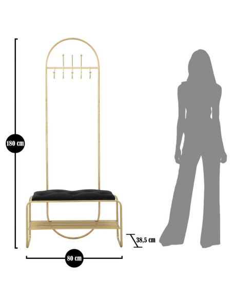 Banc d'entrée moderne porte manteaux 1 étagère 1 place en Velours Noir Capitonné Métal Doré Bartolo 