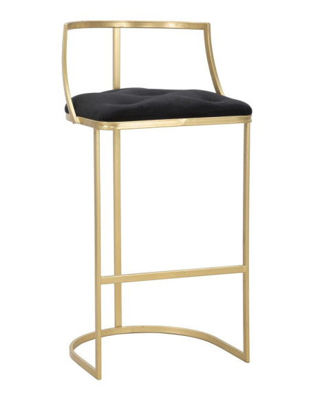 Tabouret de bar moderne avec dossier en Velours Noir Capitonné Métal Doré Istambul 