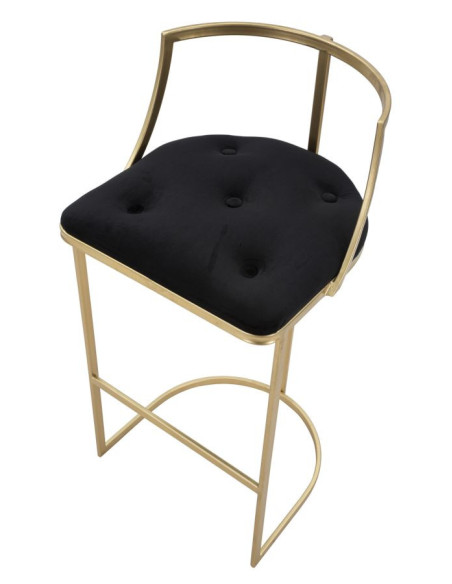 Tabouret de bar moderne avec dossier en Velours Noir Capitonné Métal Doré Istambul 
