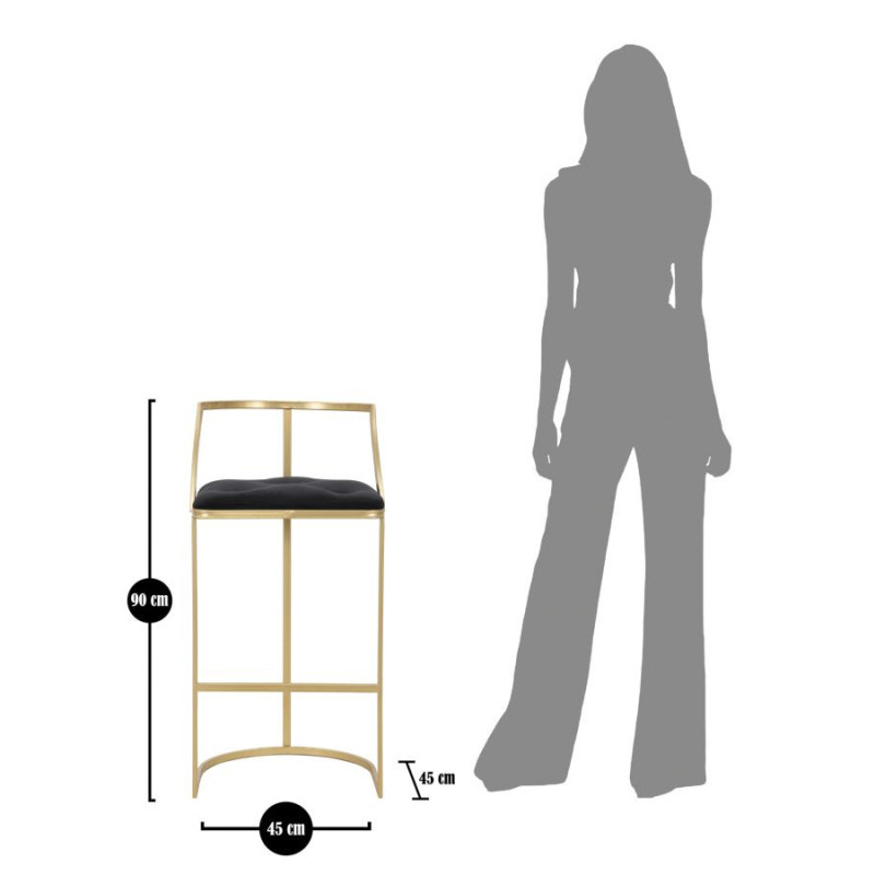 Tabouret de bar moderne avec dossier en Velours Noir Capitonné Métal Doré Istambul 