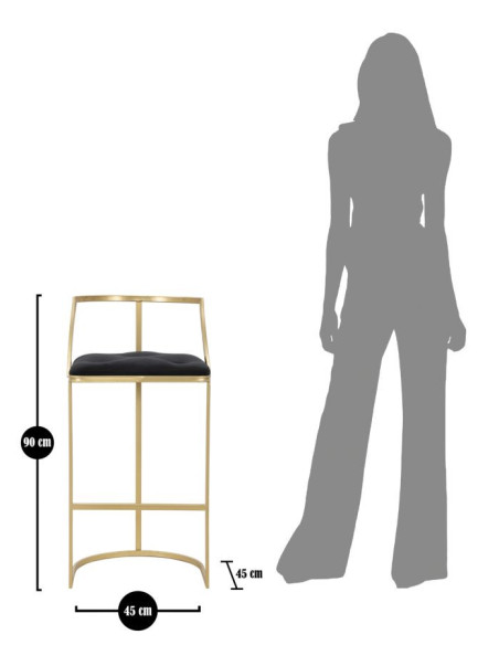 Tabouret de bar moderne avec dossier en Velours Noir Capitonné Métal Doré Istambul 
