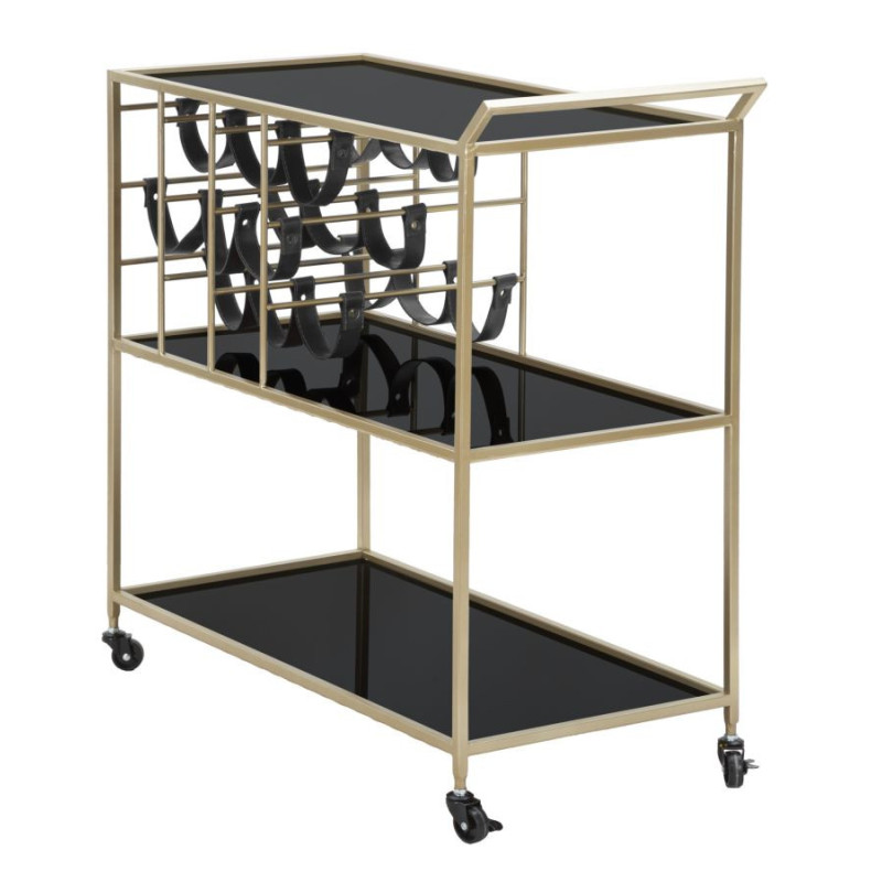 Desserte moderne sur roulette avec range bouteilles 3 niveaux en Métal Doré Verre Noir Black String 