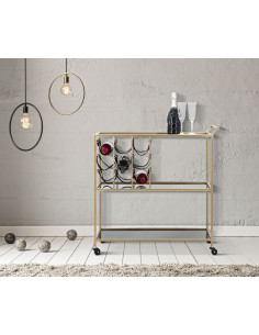 Desserte moderne sur roulette avec range bouteilles 3 niveaux en Métal Doré Verre Noir Black String 