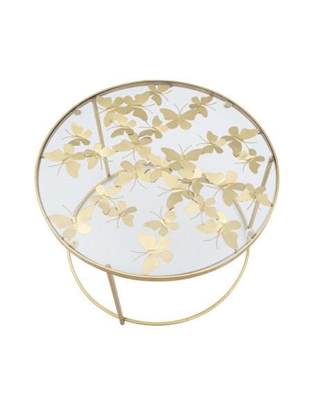 Table basse originale Papillons Ronde en Métal Doré Verre Butterflies 