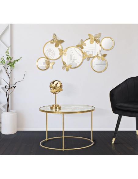 Table basse originale Papillons Ronde en Métal Doré Verre Butterflies 