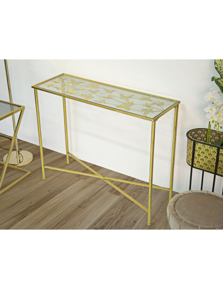 Console originale Papillons Rectangulaire en Métal Doré Verre Butterflies 