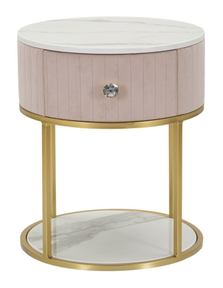 Chevet moderne 1 tiroir 1 étagère en Velours Rose Métal Doré Bois de pin Blanc Effet marbre Montpellier Mauro Ferretti - 1